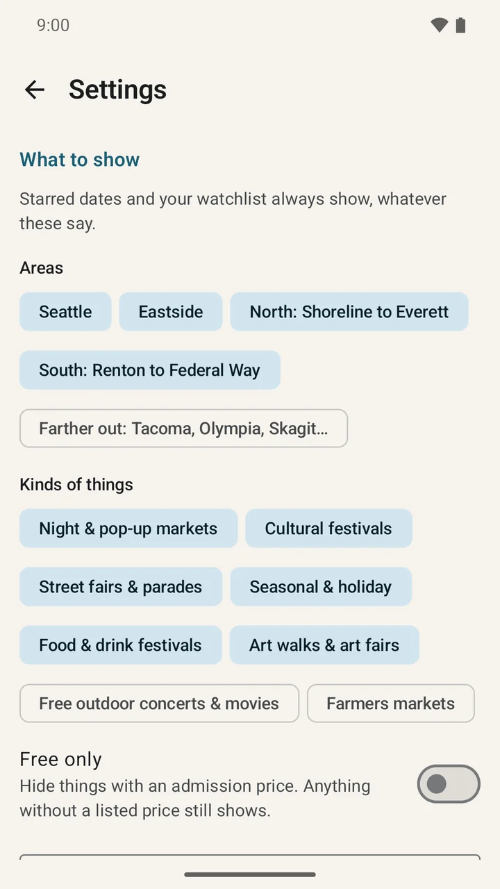 Reminder settings for weekly roundups, event-day alerts, and weather