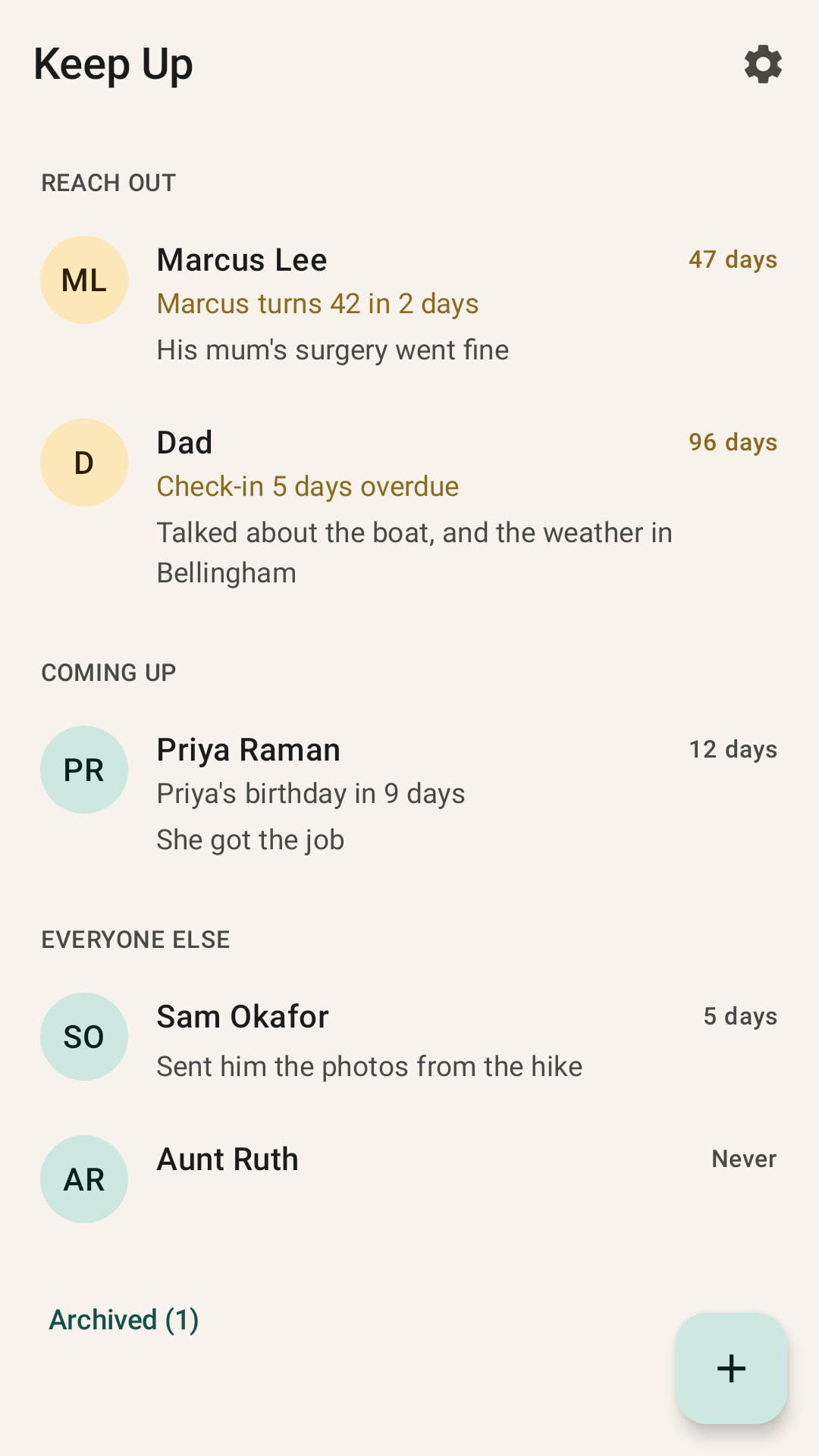 The Keep Up home screen, listing people grouped into Reach out, Coming up and Everyone else, each with how long it has been.