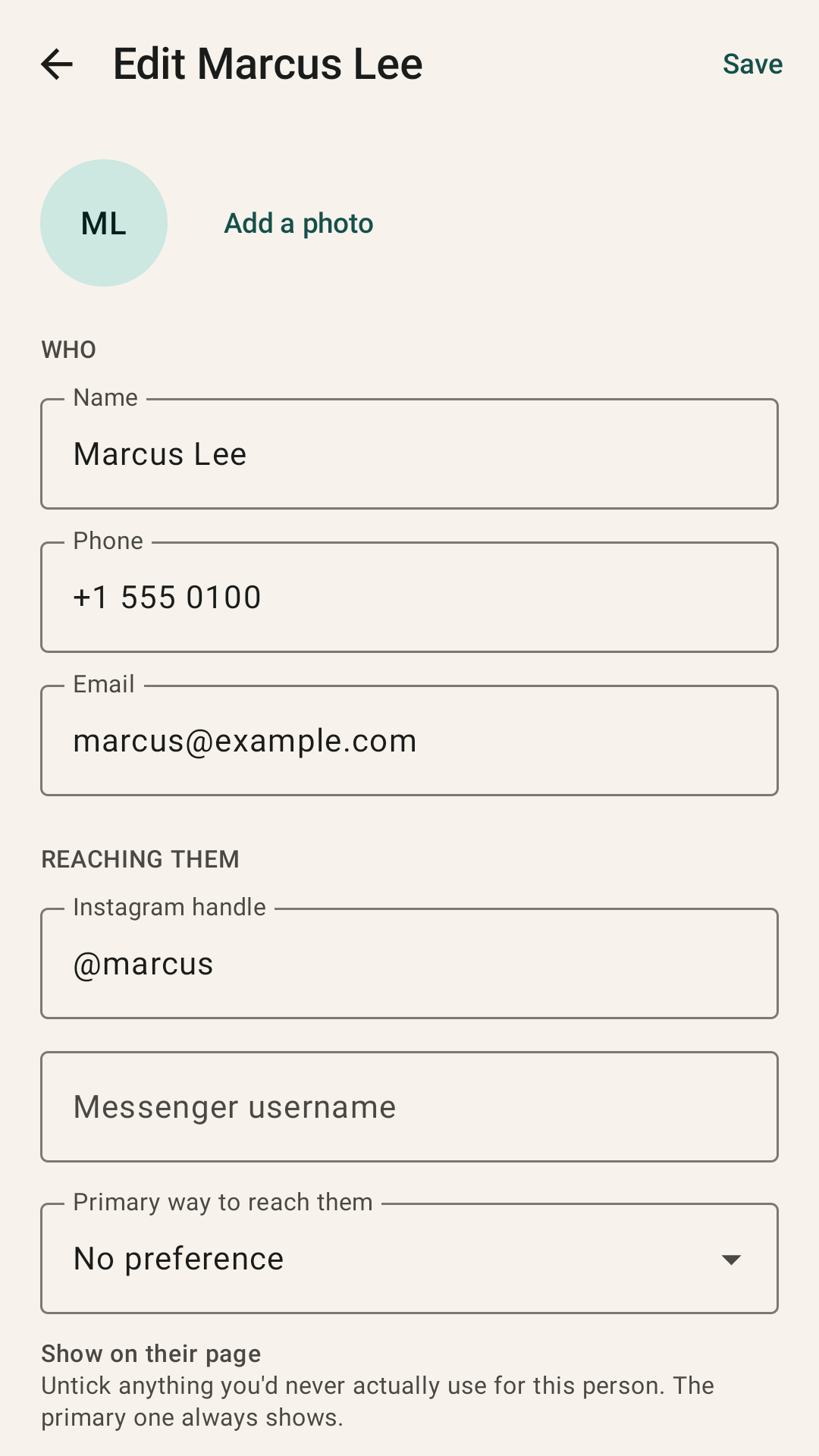 Editing a contact: name, phone, email, Instagram handle, and a picker for the primary way to reach them.