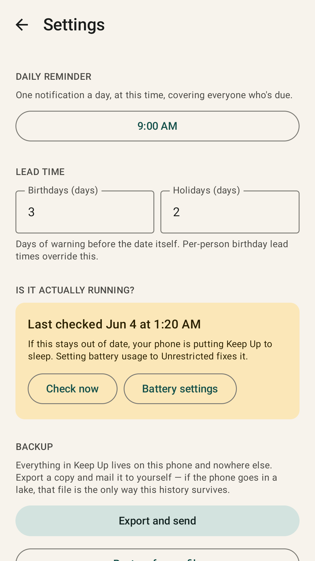 The settings screen: daily reminder time, lead times for birthdays and holidays, a card confirming the background check is running, and backup export.