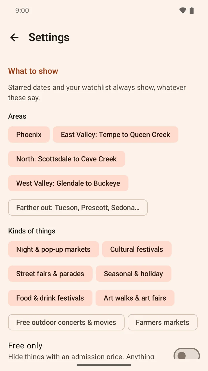 Reminder settings for weekly roundups, event-day alerts, and weather